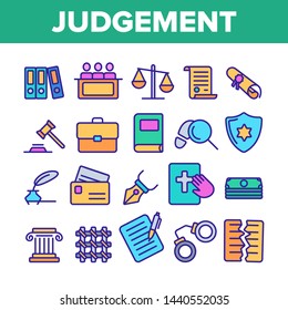 Judgement, Court Process Vector Thin Line Icons Set. Judgement, Trial Procedure Linear Pictograms. Legal Accusation, Litigation. Crime Investigation, Verdict, Indictment Oars Contour Illustrations