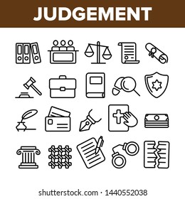 Judgement, Court Process Vector Thin Line Icons Set. Judgement, Trial Procedure Linear Pictograms. Legal Accusation, Litigation. Crime Investigation, Verdict, Indictment Oars Contour Illustrations