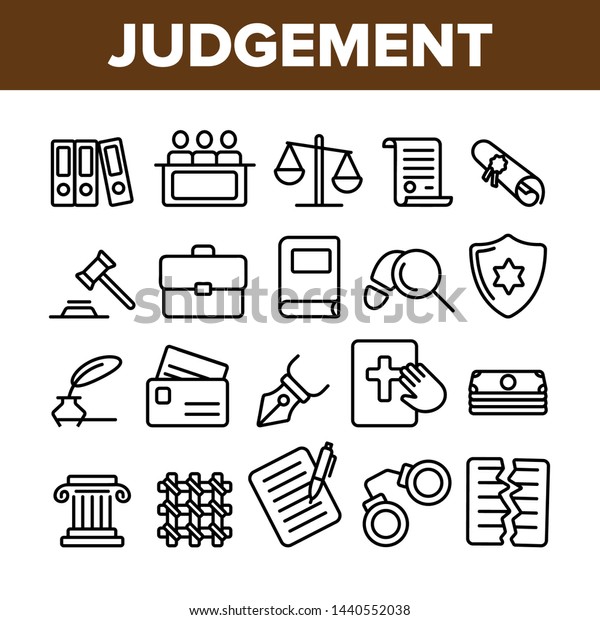 Judgement, Court Process Vector Thin Line\
Icons Set. Judgement, Trial Procedure Linear Pictograms. Legal\
Accusation, Litigation. Crime Investigation, Verdict, Indictment\
Oars Contour\
Illustrations