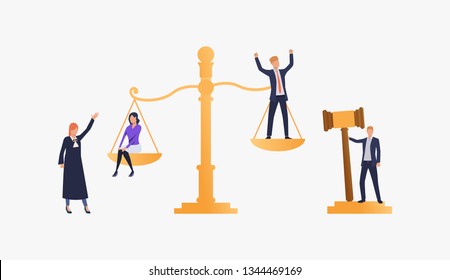 Judgement Of People Illustration. People Standing On Scales, Federal Judge Watching On Them. Law Concept. Vector Illustration Can Be Used For Topics Like Presentation, Sociality, Law Court