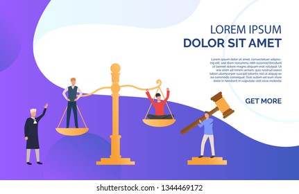 Judgement of people presentation illustration.People standing on scales, federal judge watching on them. Law concept. Vector illustration can be used for topics like presentation, sociality, law court
