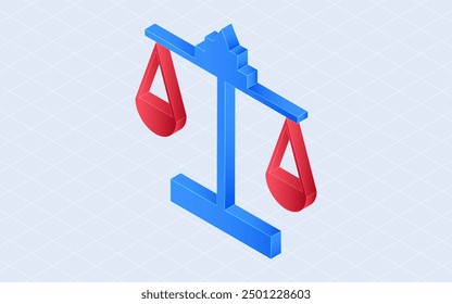 Símbolo de escala de juicio. Concepto de derecho y justicia. Ilustración vectorial isométrica 3D