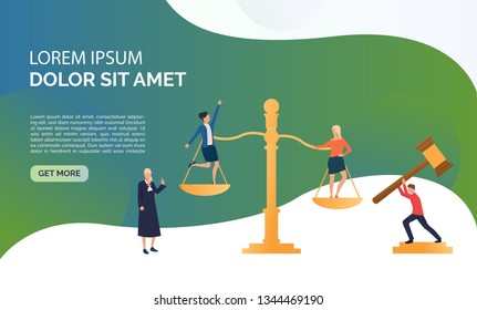 Judgement service presentation illustration. Girls standing on scales, federal judge watching on them. Law concept. Vector illustration can be used for topics like presentation, sociality, law court