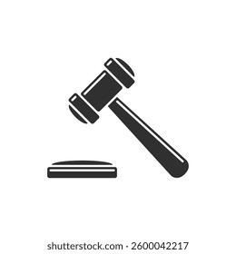A judge's or auctioneer's gavel icon. A black-and-white minimalist symbol representing law, justice, court, legal decisions, or auctions.