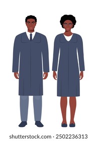 Judges characters. African American Woman and man legal consultants, court workers. Judge male and female in black robes. Vector illustration