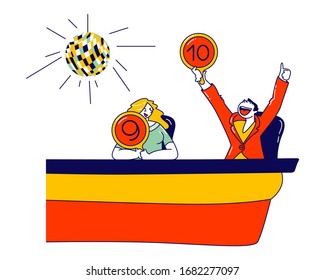 Personajes de Jueces con Paneles Puntuales en Manos Votan por Espectáculos de Talento, Competidores de Performance de Televisión. Concurso de Jury con Clasificación de Competencia, Estimación Profesional. Ilustración de vectores de personas lineales