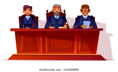 Judges at court hearing vector illustration. Prosecutor and legal secretary woman or assessor and black Afro American advocate in glasses sitting at table in blue court dress with gavel and documents