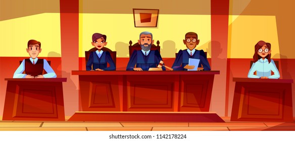 Judges at court hearing vector illustration of courtroom interior background. Prosecutor or advocate man, legal secretary woman or black Afro American assessor in glasses sitting at judge table