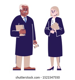 Judges flat vector characters. Lawyer couple, advocate cartoon illustration with outline. Juridical advisors, magistrates. Woman and man legal consultants, court workers isolated on white background