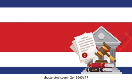 O martelo e o bloco do juiz contra a bandeira da Costa Rica. Renderização conceitual 3D do tribunal nacional