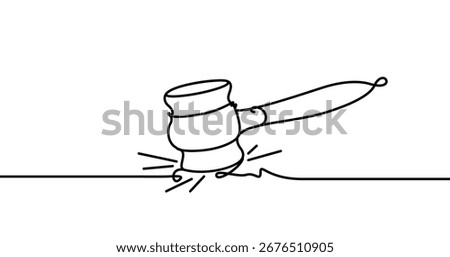 Judge's gavel, continious line drawing. Court, lawyer, justice outline. Vector illustration.