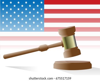 judge's gavel with flag of United States of America in background