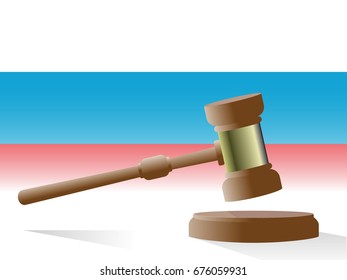 judge's gavel with Russian flag in background