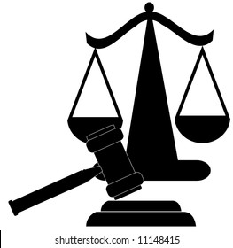 judges gavel and scales of justice silhouette - vector