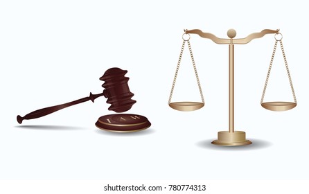 Judge's hammer, Libra with cups on the chain, - isolated on white background - art vector
