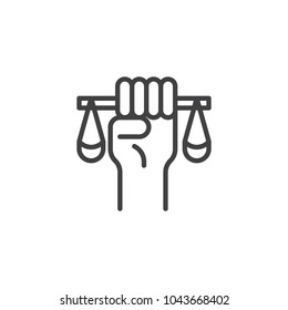 Judge's hand hold weight scales outline icon. linear style sign for mobile concept and web design. Law and justice simple line vector icon. Symbol, logo illustration.