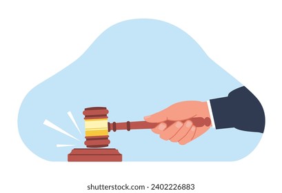 Judges hand holding gavel to pronounce verdict. Human arm with wood hammer, justice system giving sentences for criminal acts. Symbol of law. Cartoon flat style isolated vector concept