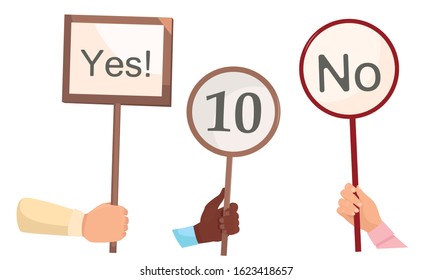 Judges hands with answers, marks and scores vector illustration