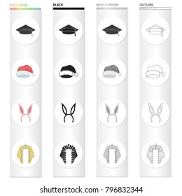 The judge's hat, the scientist, Santa's cap, the hoop with the rabbit's ears, the nemes of the pharaoh. Hats set collection icons in cartoon black monochrome outline style vector symbol stock