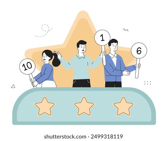 Judges on show. Man and woman show signs with ratings. Jury at entertainment show. Young guys and girl evaluate talents of artists. Linear vector illustration isolated on white background