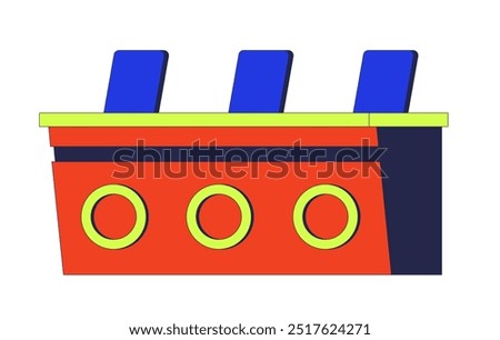Judges panel table with vote signs and chairs 2D cartoon object. Talent show equipment isolated element flat vector clipart on white background. Contest moderators seating. Spot illustration