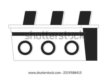 Judges panel table with vote signs and chairs black and white 2D line object. Talent show equipment isolated clip art vector outline item. Contest moderators seating. Monochromatic spot illustration