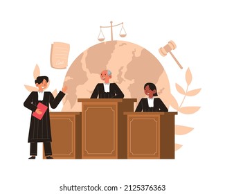 Jueces y fiscales de antecedentes judiciales. Vector ilustra el Día Mundial de la Justicia.
