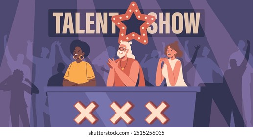 Judges Sit At A Panel During A Talent Show, Ready To Evaluate Contestants. Audience Watches Enthusiastically