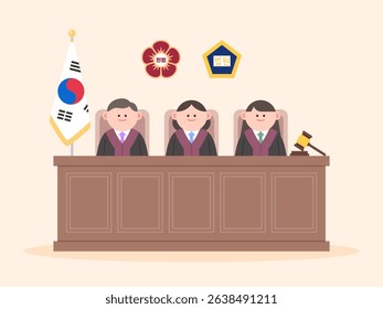 Judges are sitting on the court bench. Korean : Constitution, Court.