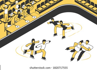 Judges watching three couples participating in figure skating competition 3d isometric vector illustration