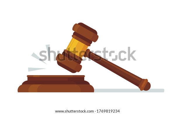 Judges wooden
hammer. Judicial decision, hammer blow for rule of law and judged
by laws concept cartoon vector illustration. Hammer legal justice,
judge gavel, auction
verdict