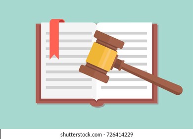 Judges wooden hammer and law book. In flat design, vector illustration.