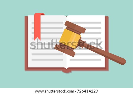Judges wooden hammer and law book. In flat design, vector illustration.