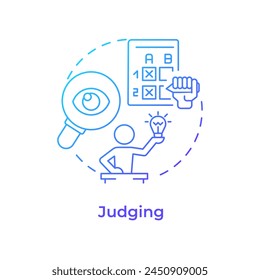 Juzgando el icono de concepto de degradado azul. Proceso de hackathon. Presentar proyectos a los jurados. Selección de ganadores. Ilustración de línea de forma redonda. Abstractas idea. Diseño gráfico. Fácil de usar en Materiales promocionales