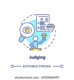 Judging multi color concept icon. Hackathon process. Present projects to juries. Winner selection. Round shape line illustration. Abstract idea. Graphic design. Easy to use in promotional materials