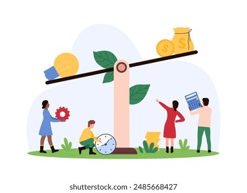 Judgment about value of creative idea, comparison of investment and benefit from project. Tiny people weigh light bulb and money bag of gold coins on balance seesaw cartoon vector illustration