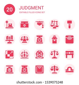 judgment icon set. Collection of 20 filled judgment icons included Scale, Weighing scale, Judge, Mallet, Justice, Law, Punishment, Libra