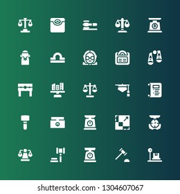 judgment icon set. Collection of 25 filled judgment icons included Scale, Auction hammer, Auction, Weighing scale, Mallet, Law, Judge, Punishment, Judging, Libra, Justice