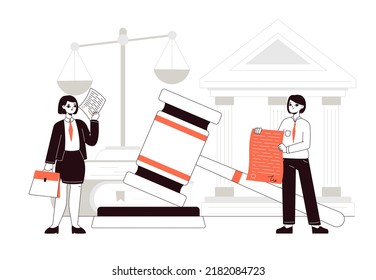 Judgment law, notary concept, court legal documents. Law firm or court workers with lawyer gavel and legal documents flat vector illustration. Professional advocate office