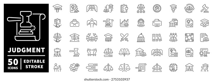 Judgment outline icon set: editable stroke legal and court pictograms in thin line style
