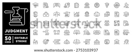 Judgment outline icon set: editable stroke legal and court pictograms in thin line style