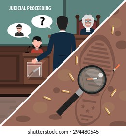 Judgment services and law proceedings corners set isolated vector illustration