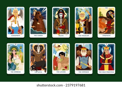 Juicio, la torre, la emperatriz, el emperador, los amantes, la muerte y otros. Un conjunto de tarjetas tarot de la arcana senior. Occulta Tarot espiritual esotérica. Numerología y adivinanzas