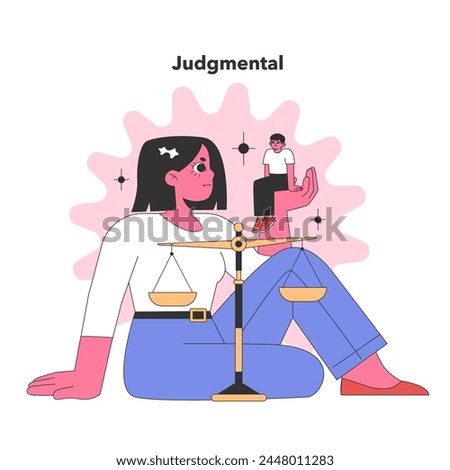 Judgmental Personality trait. A contemplative figure with scales, symbolizing the weighing of opinions and critical judgment. Flat vector illustration.