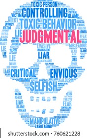 Judgmental word cloud on a white background. 