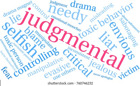 Judgmental word cloud on a white background. 