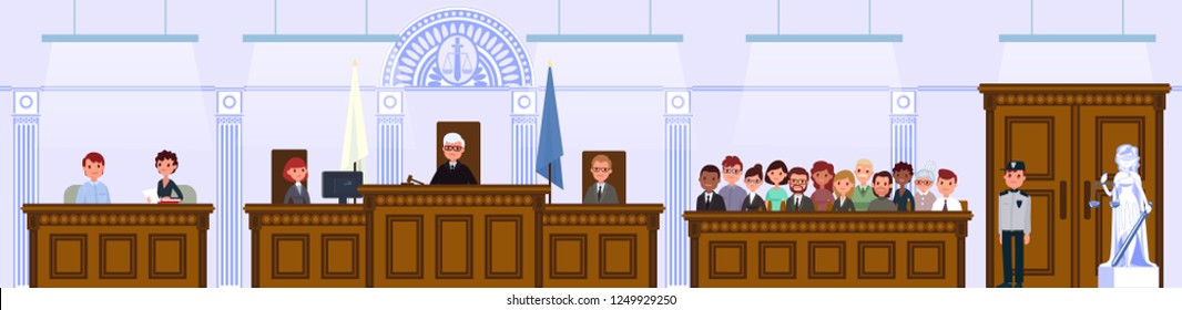 Judical court interior. The judge and the jury are sitting in the courtroom. Vector illustration in flat style.