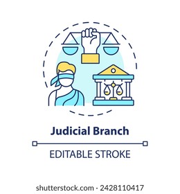Judicial branch multi color concept icon. Justice supreme court. Human rights regulation. Social institution, democracy. Round shape line illustration. Abstract idea. Graphic design. Easy to use