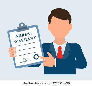 The judicial executor, holds a document in his hand. Arrest warrant.