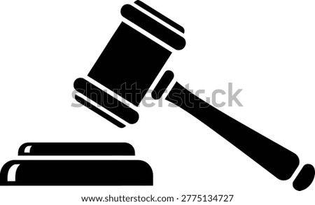 Judicial gavel and sounding block solid black icon with authority judgment government attorney silhouette judicial